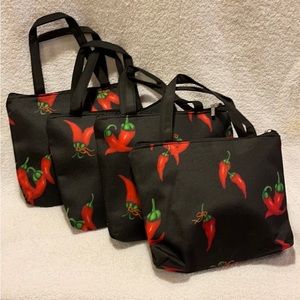 Set of 4 Chili Pepper on Black Tote Bag
